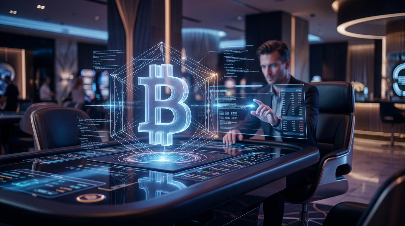 Futurystyczna wizualizacja bitcoina w interfejsie kasyna online