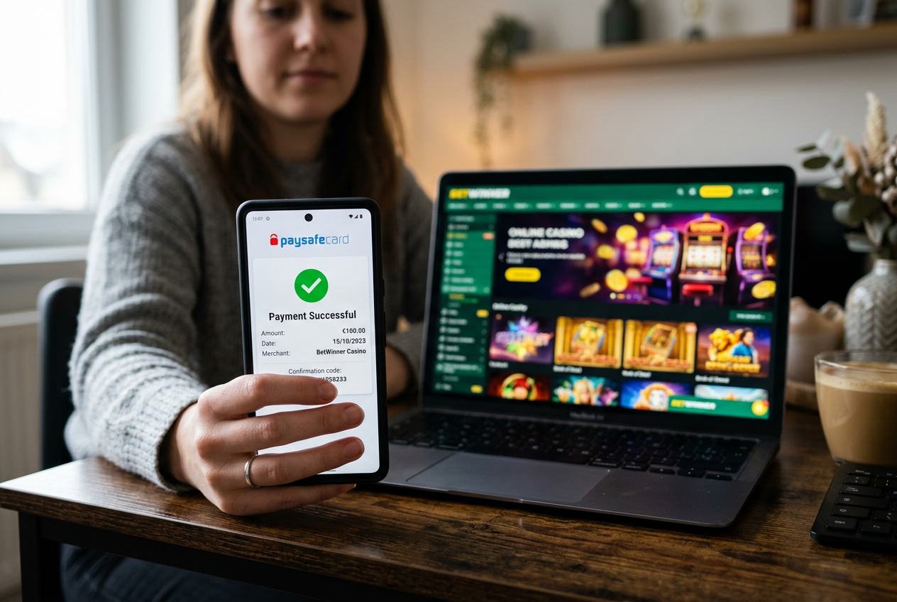 Użytkownik korzystający z aplikacji Paysafecard na smartfonie przy laptopie